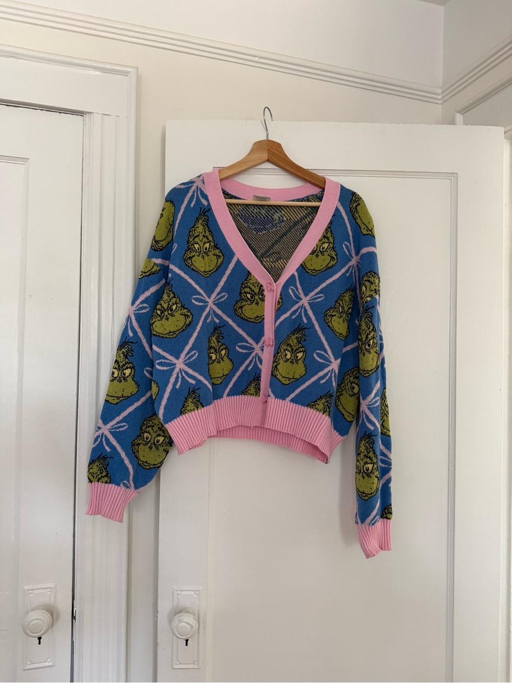 Target Blue Cardigan with Pink Trim and Green Grinch Motif